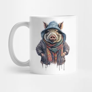 wild boar wearing a jackets hat and a scarf Mug